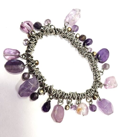 Amethyst Nuggets, Cabochons, Beads, Crystals, Cubes Intertwined Stretch Bracelet - Picture 1 of 9